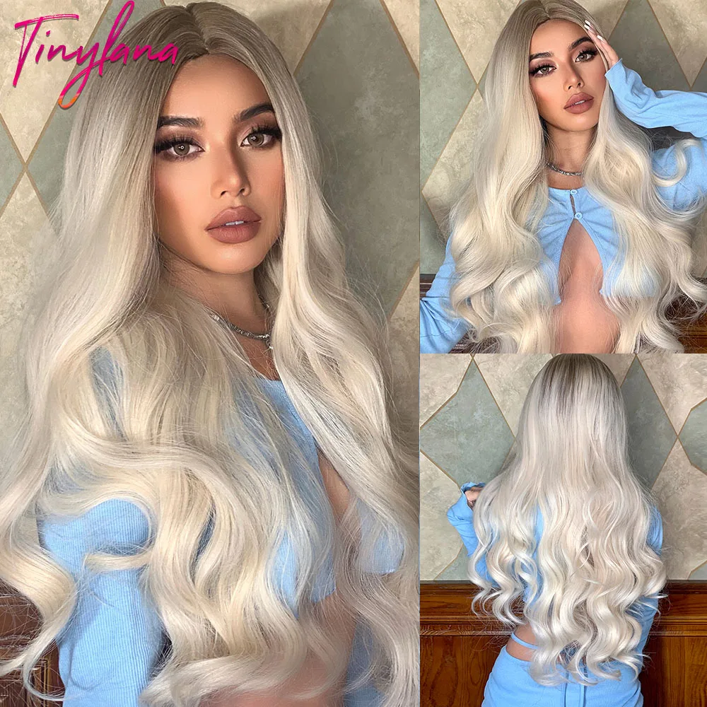 

TINY LANA Long Wavy Ombre White Blonde Brown Synthetic Wigs for White Women Middle Part Cosplay Daily Natural Wig Heat Resistant