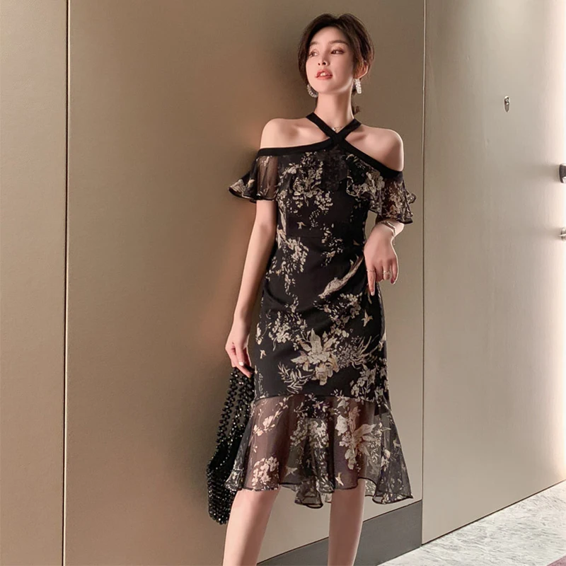 

Summer Cocktail Dresses 2021 Fashion Women Vestido Casual Beach Halter Dress Vestidos De Fiesta De Noc Chiffon Backless Dress