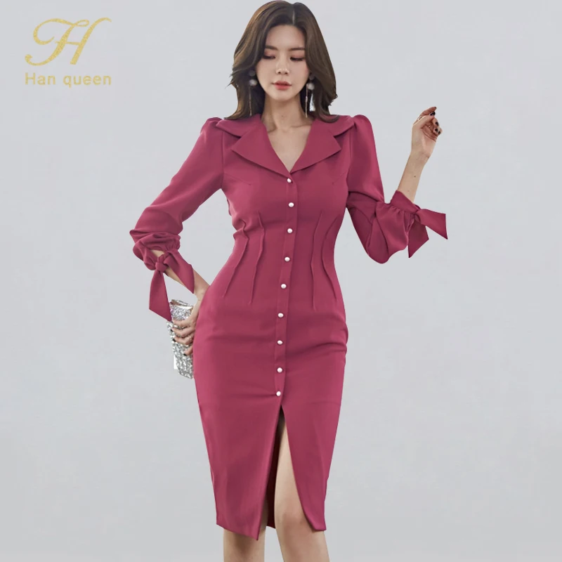 H Han Queen Single-breasted Sexy Split Pencil Dress Women Winter Lace-up Bodycon Dresses Notched Neck OL Work Wear Vestidos