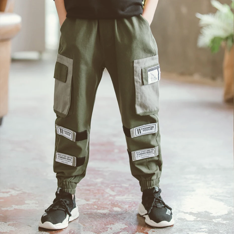 Штаны для мальчиков лоскутные брюки-карго модные детские брюки с этикетками