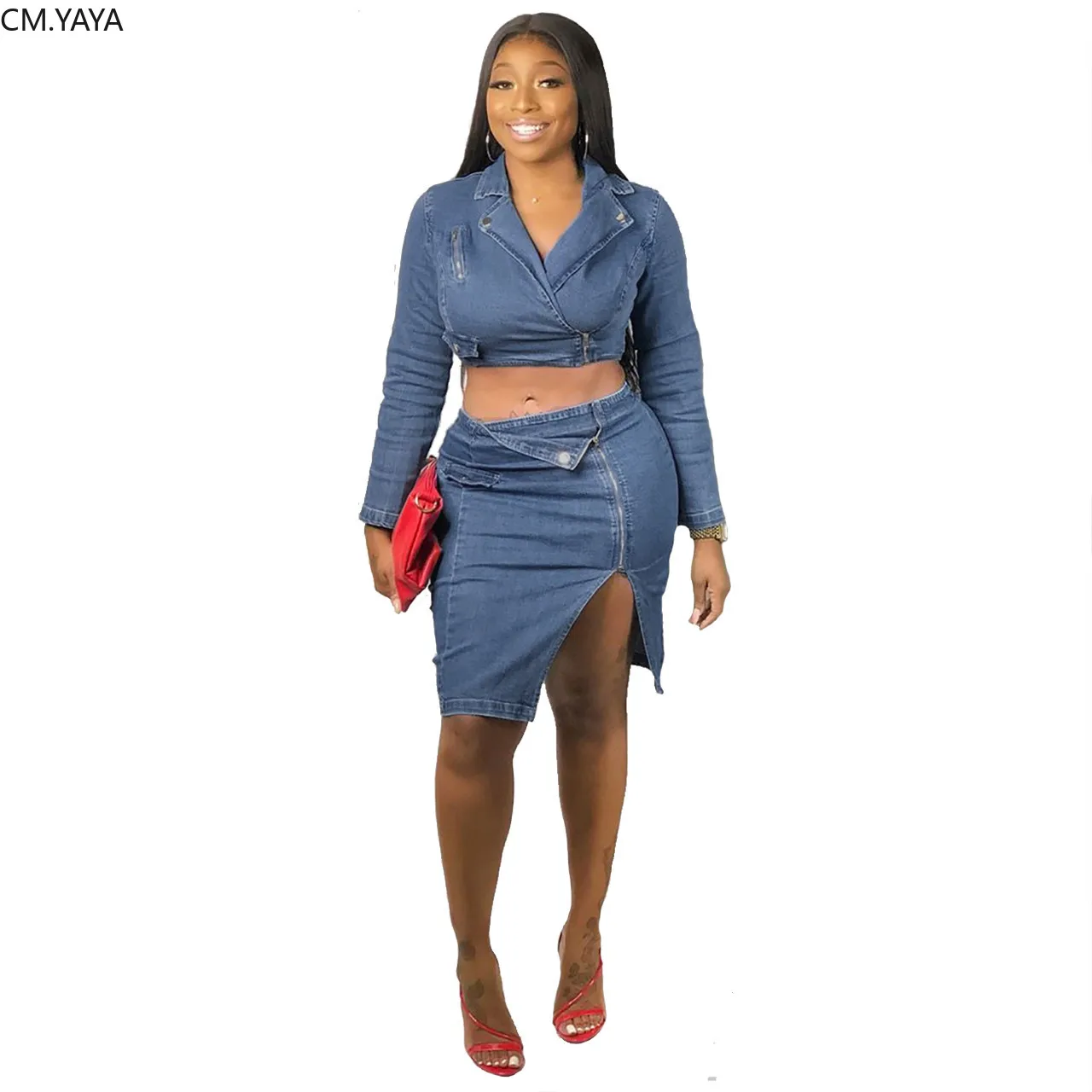 Осенне зимний женский комплект с отложным воротником полный рукав укороченный