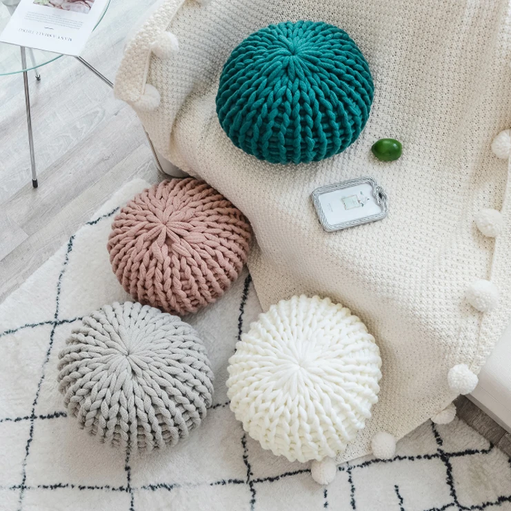 

Woolen Modern Knitted Round Shape Cushion 40x40cm Solid White Green Pink Gray M14