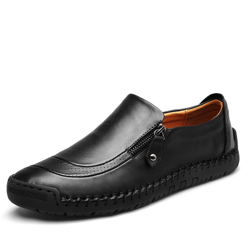 Fshion Men's Leather Casual Shoes Handmade Loafers Vintage Moccasin Slip on Rubber Flats Anti-skid Zip Opening Plus Size 38-48 | Обувь