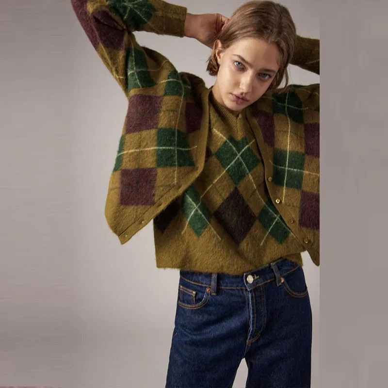 

OLOMM Long-sleeve Women's Sweater Autumn New Fashion Vintage Lattice Print Knitted Tops V-Neck Cardigan Single-breasted Clothes