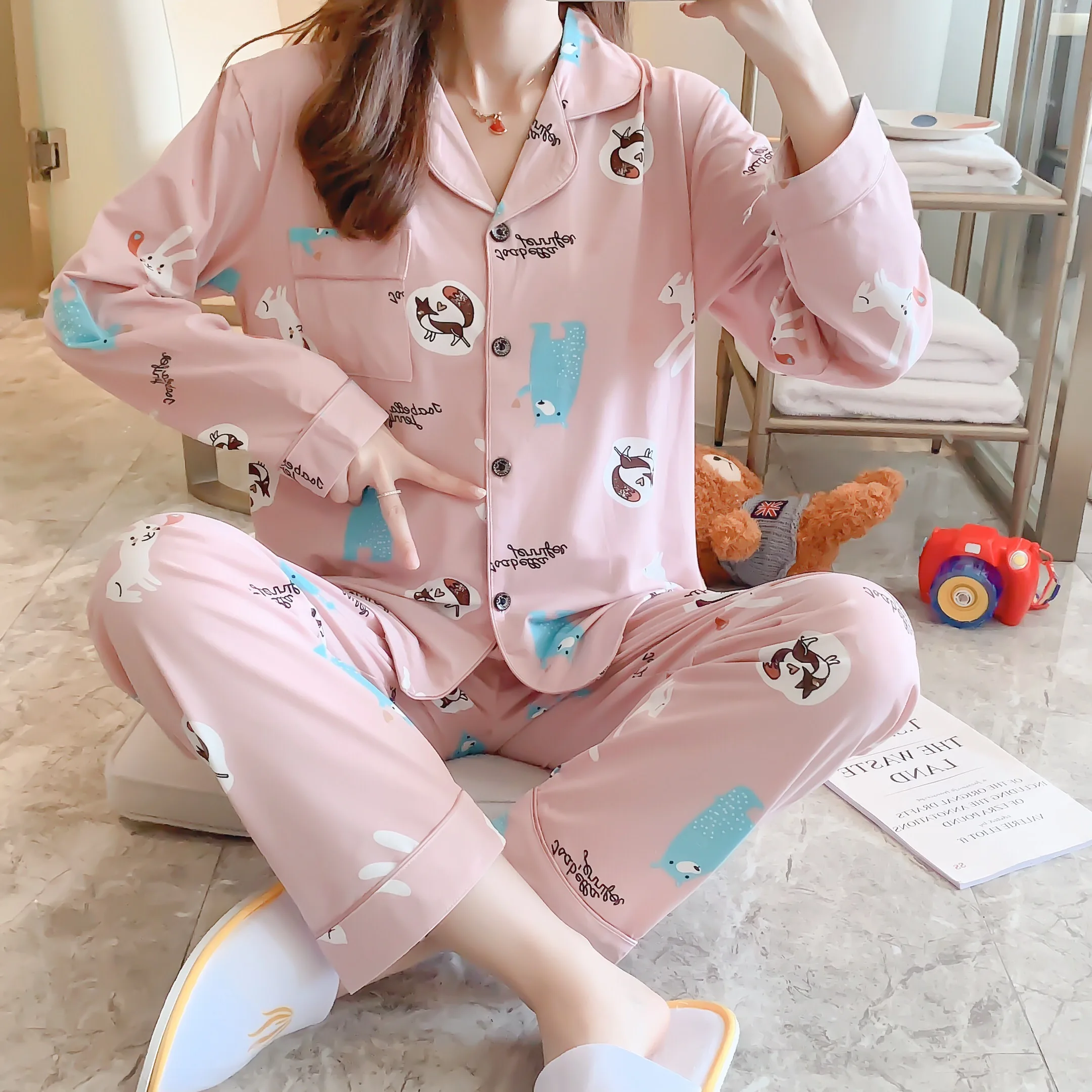 Пижамы для женщин с длинным рукавом в клетку в Корейском стиле розовый Kawaii пижамный комплект размера плюс женская домашняя одежда мягкая с отложным воротником - Цвет: 17