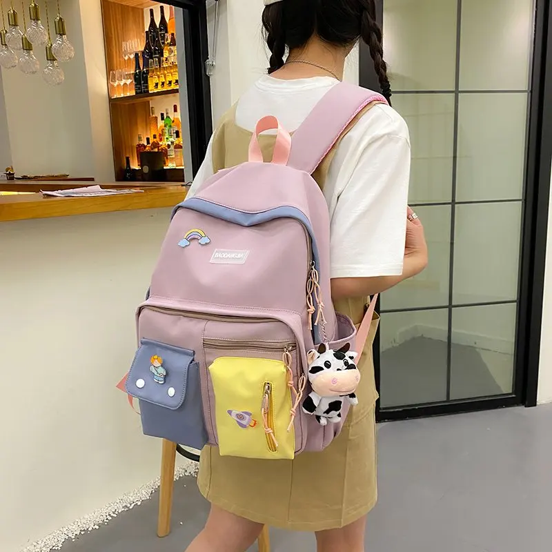 Холщовые школьные ранцы для девочек-подростков, детские сумки на ремне, трендовый модный ранец для женщин с радужным зеленым и розовым цвет...