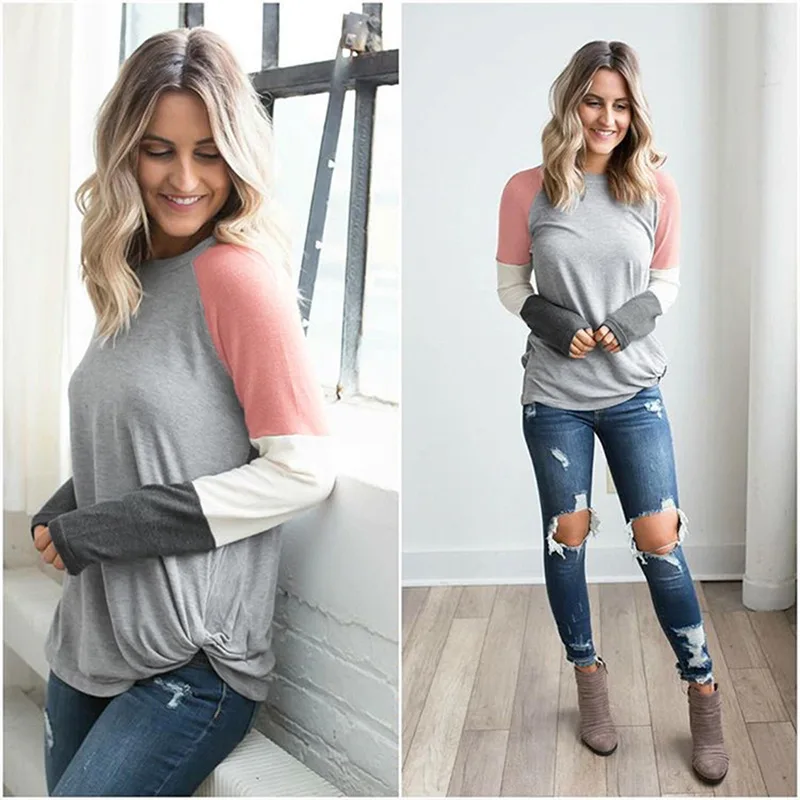 

2021 Spring and Summer Popular Round Neck Splicing Long Sleeve Contrast T-shirt Autumn and Winter Women's Clothing 1302