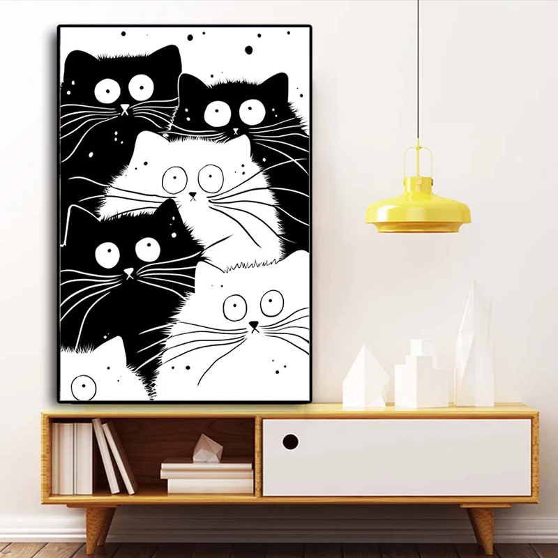 

Nordic Style Modular Lovely Black White Cats Canvas Painting Posters and Prints Wall Art Picture for Living Room Home Decoration
