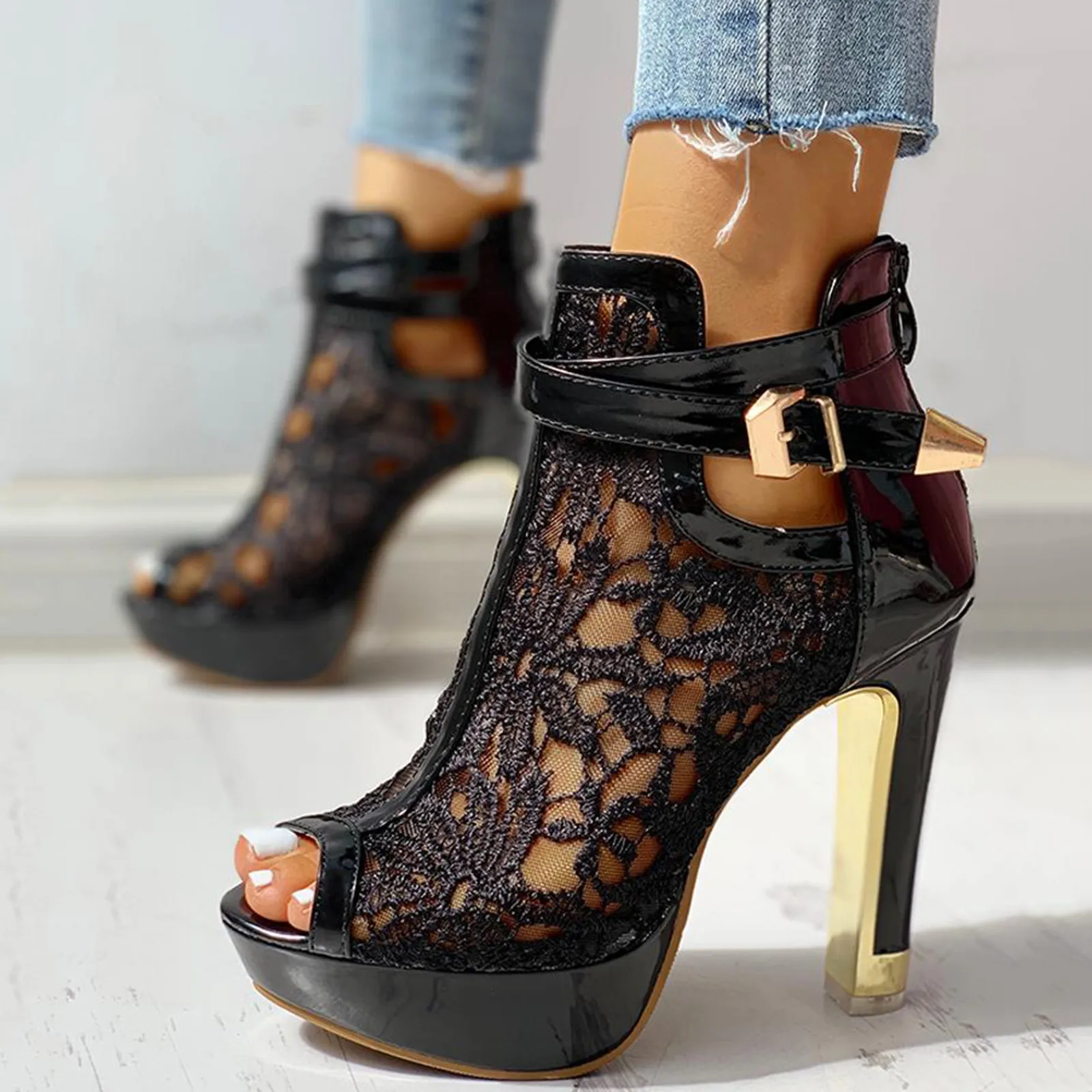 

Womens Retro Women's Sandals Fashion Ladies Sexy High Heel Zip Up Hollow Sandals Casual Floral Lace Mesh Shoes Plus Size R5