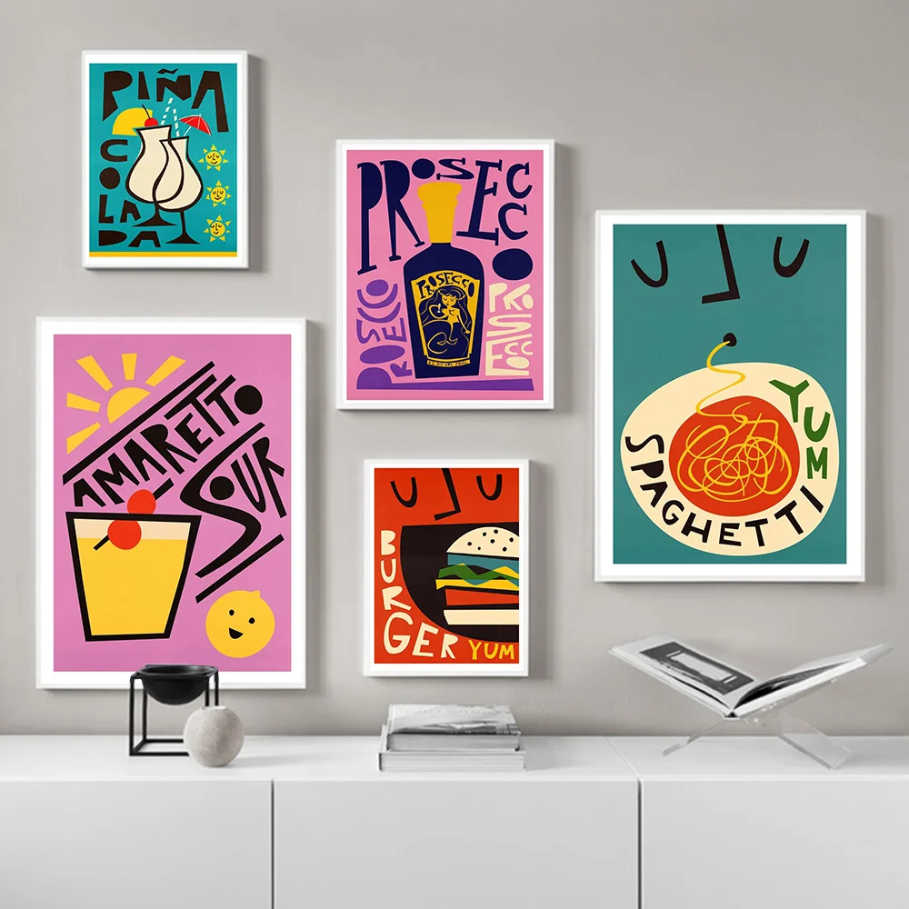 

Cartoon Fruit Juice Rum Food Posters And Print Yum Burger Fish And Chips Canvas Painting Club Bar Shop Wall Decoration Pictures
