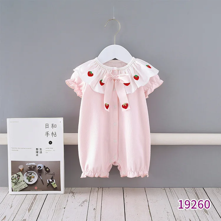 

2021 Infant Summer One-piece Girls Lapel Short Sleeve Embroidered Romper Newborn Baby Girl Clothes Kids Outfits