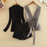 autumn winter new women wide leg shorts 3pieces sets black semi high collar sweaterv neck ruffle wool vest tops and shorts suit