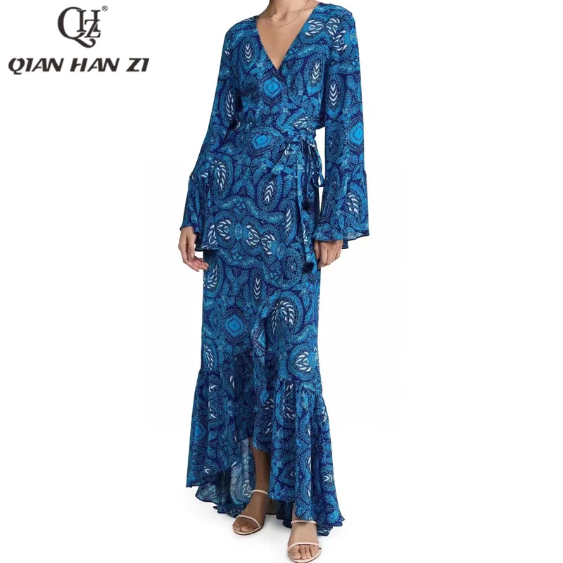

Qian Han Zi designer fashion summer long dress Breast wrap pattern Printed vintage maxi dress Women slim Long sleeve Vacation