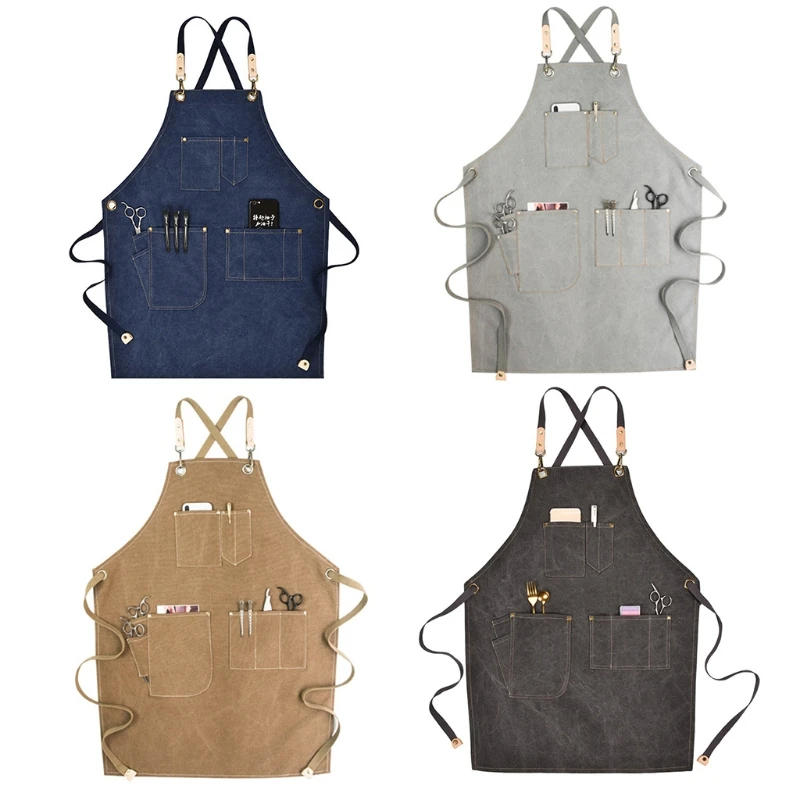 

Chef Apron Cotton Canvas Cross Back Adjustable Apron with Pockets for Women and