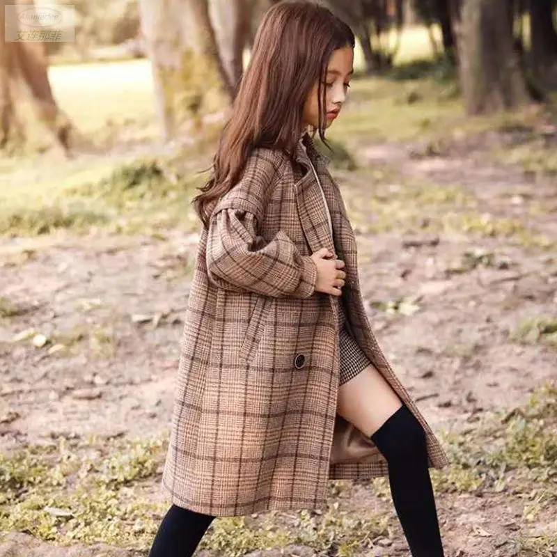 Brand new 2021 children girl autumn winter woolen long coats fashion plaid jackets kids elegant overcoat outfits clothe | Детская одежда
