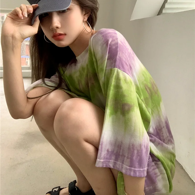 

TVOVVIN Harajuku Tie Dye Streetwear Loose T Shirts Women Tops Half Sleeve 2021 Vintage Camisetas De Mujer BF Style Fashion VIJQ