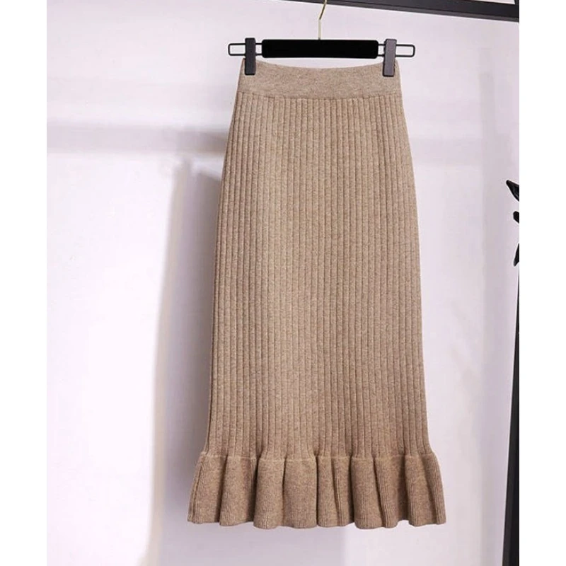 Khaki 65cm Женская Длинная трикотажная юбка осень зима женские плиссированные юбки миди макси тонкая облегающая юбка однотонная женская офисная одежда юбка - Цвет: Khaki 65cm