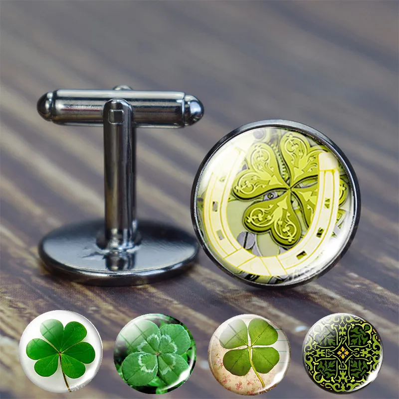 

Shamrock Clover Cufflinks Print Men's Suits Shirt Cuff Links St. Patrick Day Four-Leaf Clover French Glass Dome Wedding Jewelry