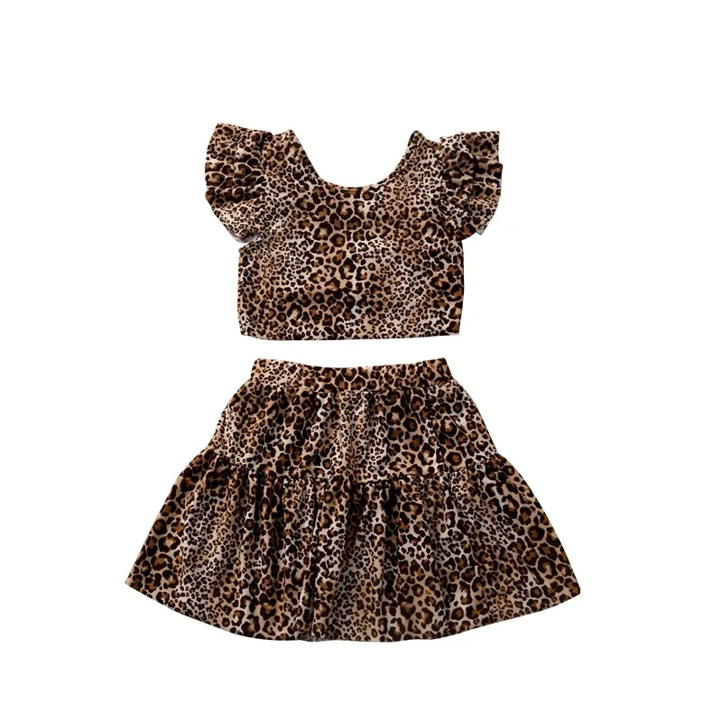 

fashion girls fly sleeve leopard tops pullover T-shirts skirts toddler kids baby girls clothing children clothes sets 2pcs 6M-5Y