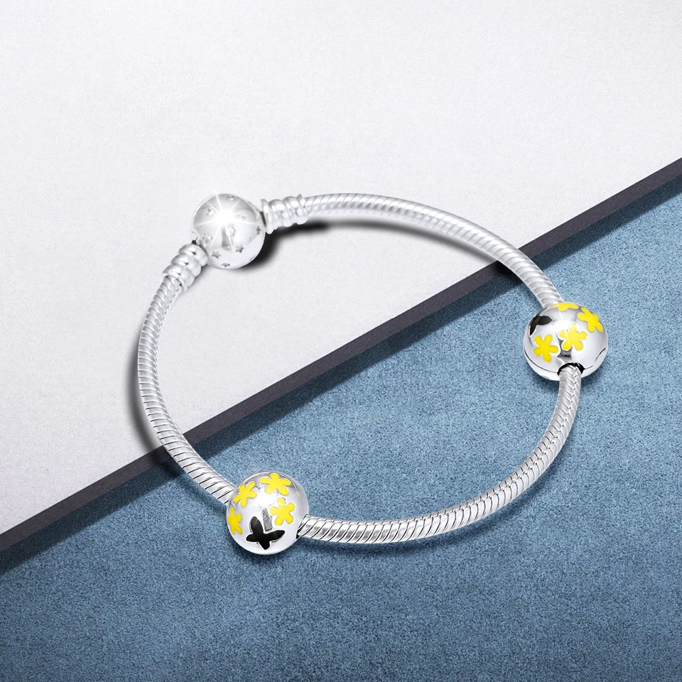 Подходит для Pandora подвески браслеты ромашки клипсы бусины с желтой черной эмалью