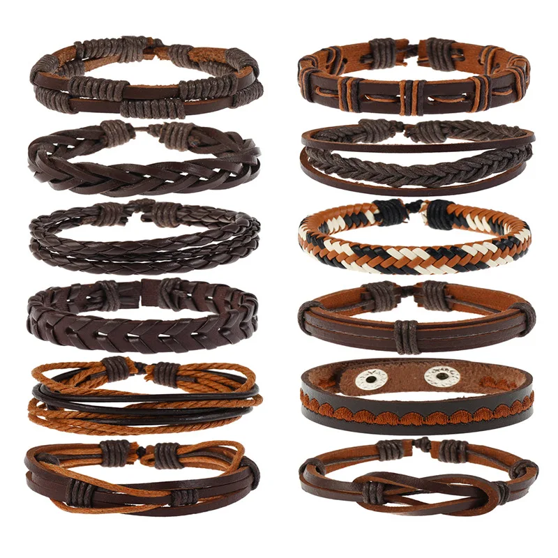 

Wholesale 12PCS/set Mix Styles Braided Multilayer Leather Bracelets For Men Wrap Bangle