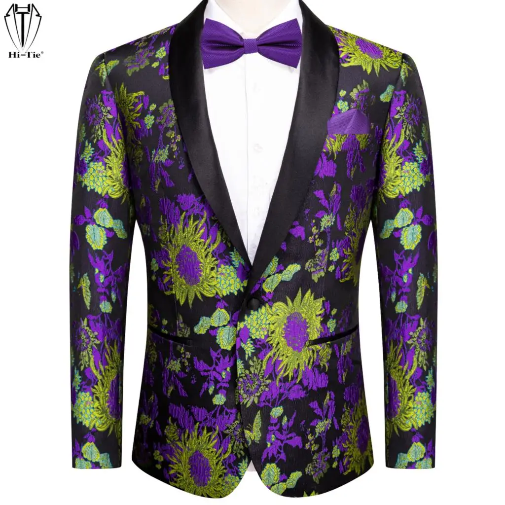 

Привет-галстук жаккард цветочные мужские костюмы фиолетовый желтый черный галстук-бабочка набор Slim Fit Свадебный смокинг костюм блейзеры ку...