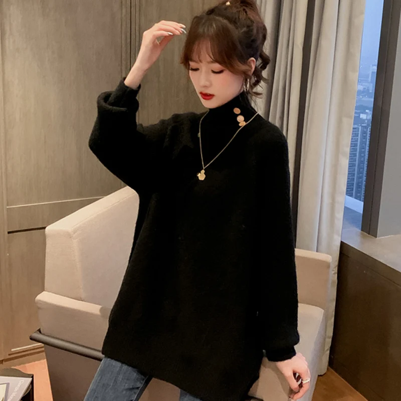 Зимние свободные пальто для беременных однотонные вязаные пуговицы Водолазка с