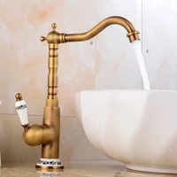 antique brass bathroom kitchen faucet hot cold mixer tap basin faucet rotatable crane blue and white porcelain handle