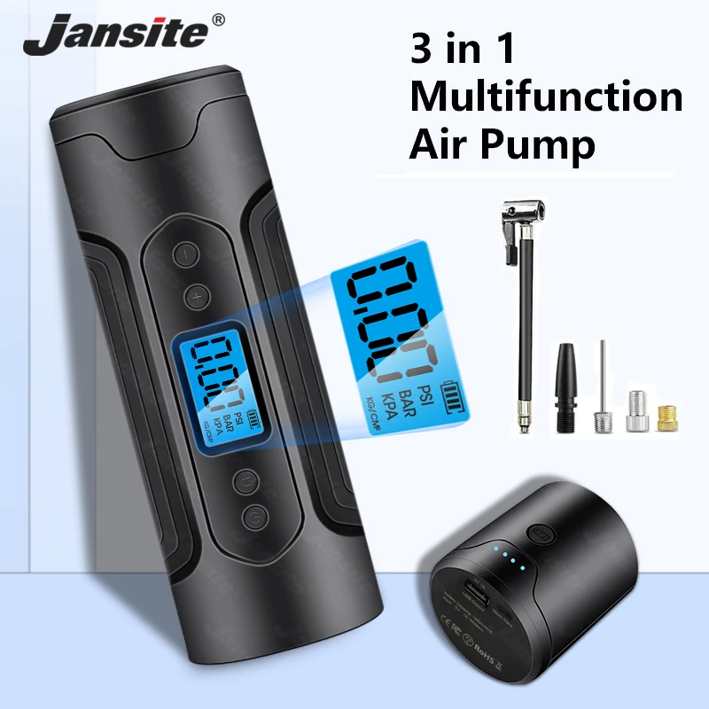 

Автомобильный воздушный насос Jansite 3 в 1, портативный надувной беспроводной мини-насос с цифровым дисплеем, насос для велосипеда, плавательн...