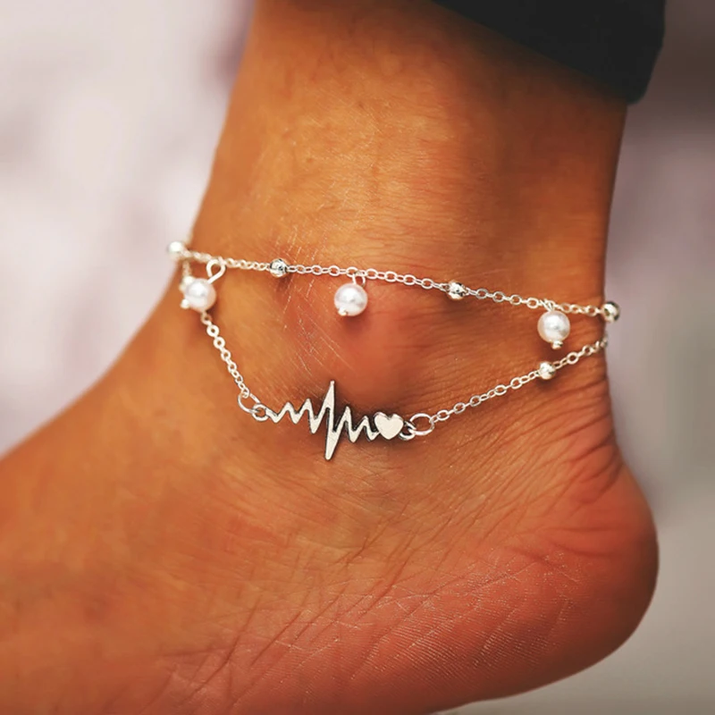 

Boho Anklet Foot Chain Ankle Summer Bracelet Pearl Wave with Heart Charm Sandals Barefoot Beach Foot Bridal Jewelry A009