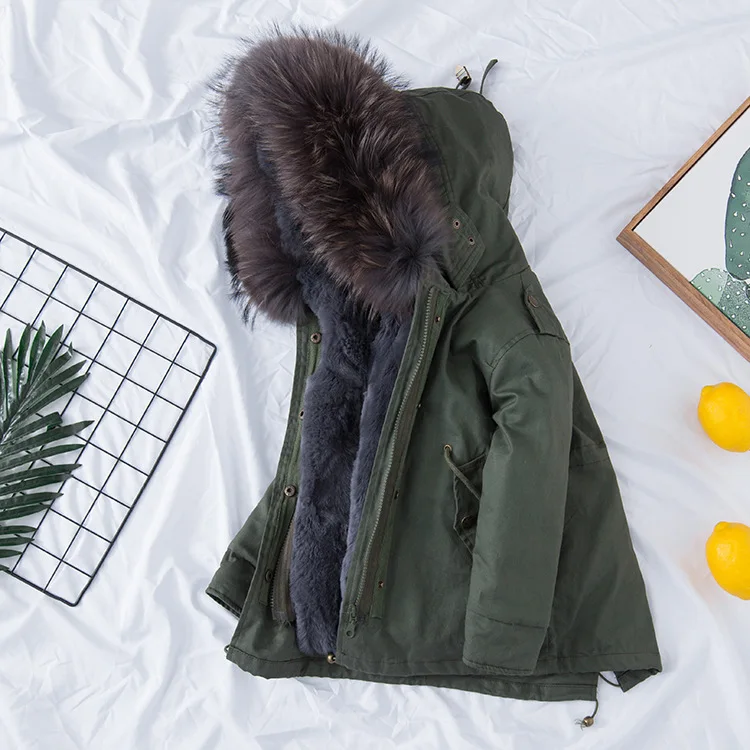 Olive top dark gray Г. Детские куртки из натурального кроличьего меха зимние пальто для девочек со съемной подкладкой из натурального меха, куртка для малышей меховой воротник енота - Цвет: Olive top dark gray