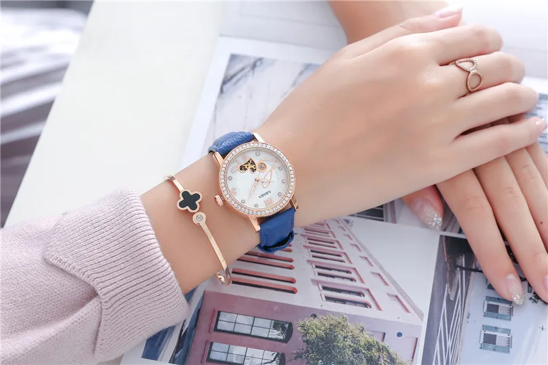 Relogio feminino, OUBAOER, автоматические механические часы для женщин, модные, стразы, полый дизайн, часы с кожаным ремешком, водонепроницаемые часы