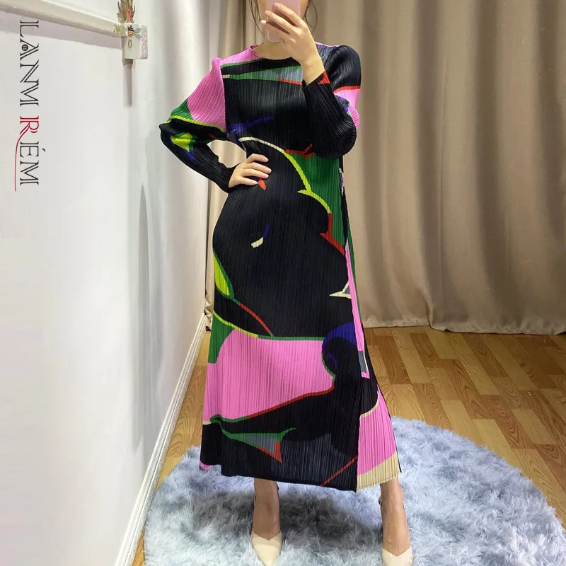 LANMREM 2020 Новое плиссированное платье Famale высококачественное Платье с принтом