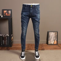 blue jeans men fashion scratched slim fit stretch denim streetwear pencil pants