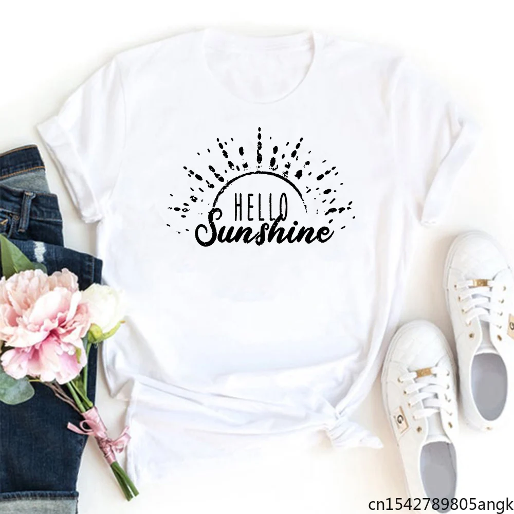 

Hello Sunshine Femme Fashion Letter Printing Round Neck T-Shirt Womans White Loose Casual
