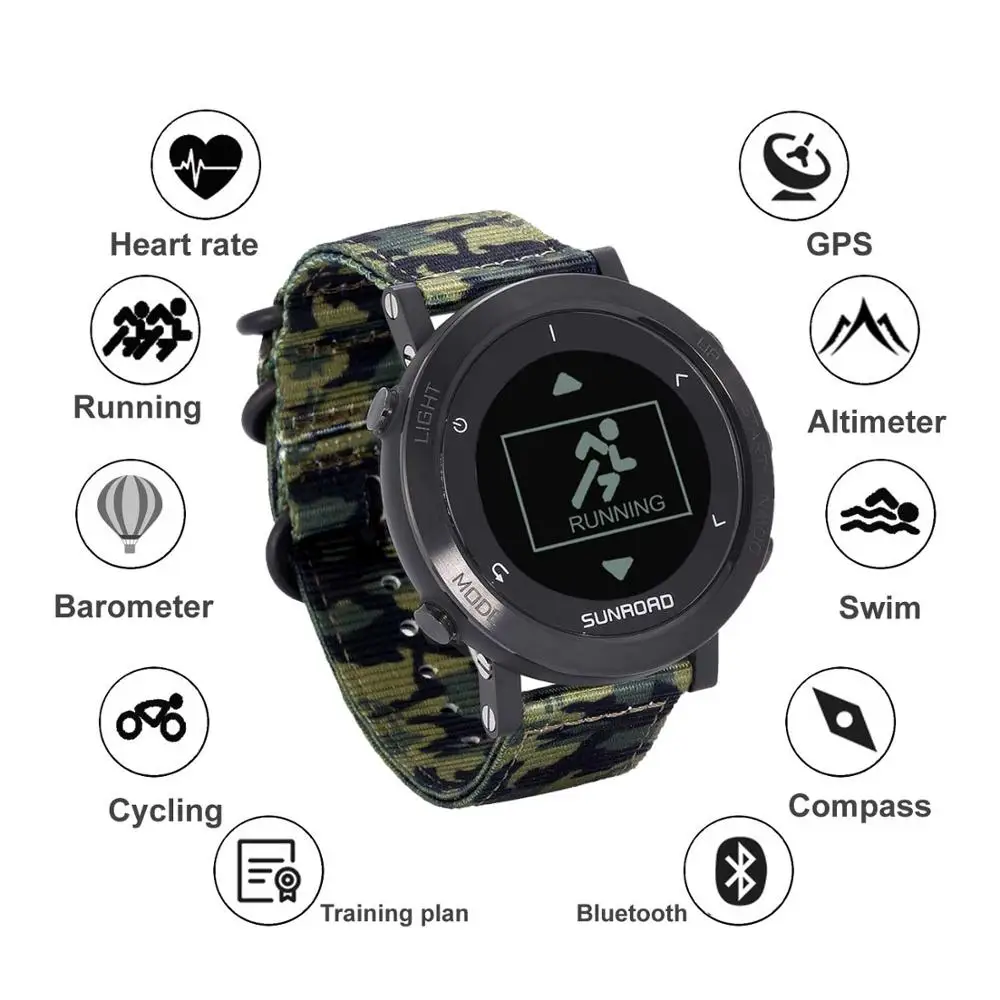

Sunroad GPS Смарт-часы с армейским водонепроницаемым пульсометром высотомером для бега триатлона наручные цифровые часы для мужчин