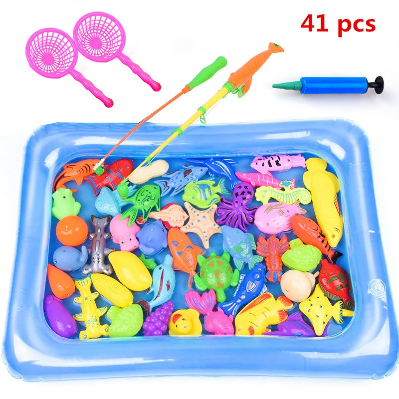 

41pcs/set Kids Play Fishing Games Model Child Magnetic Fishing Toy Rod Set With Inflatable pool Kids Summer Outdoor Toys