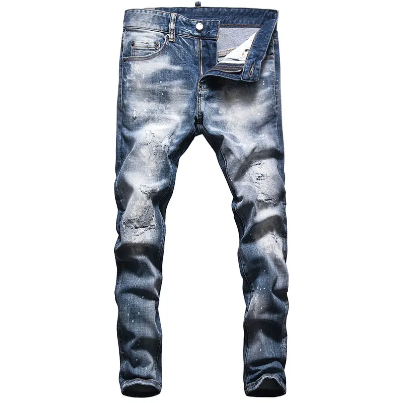 Italian Style Fashion Men Jeans Streetwear Retro Light Blue Slim Fit Ripped Jeans Men Brand Designer Distressed Denim Punk Pants