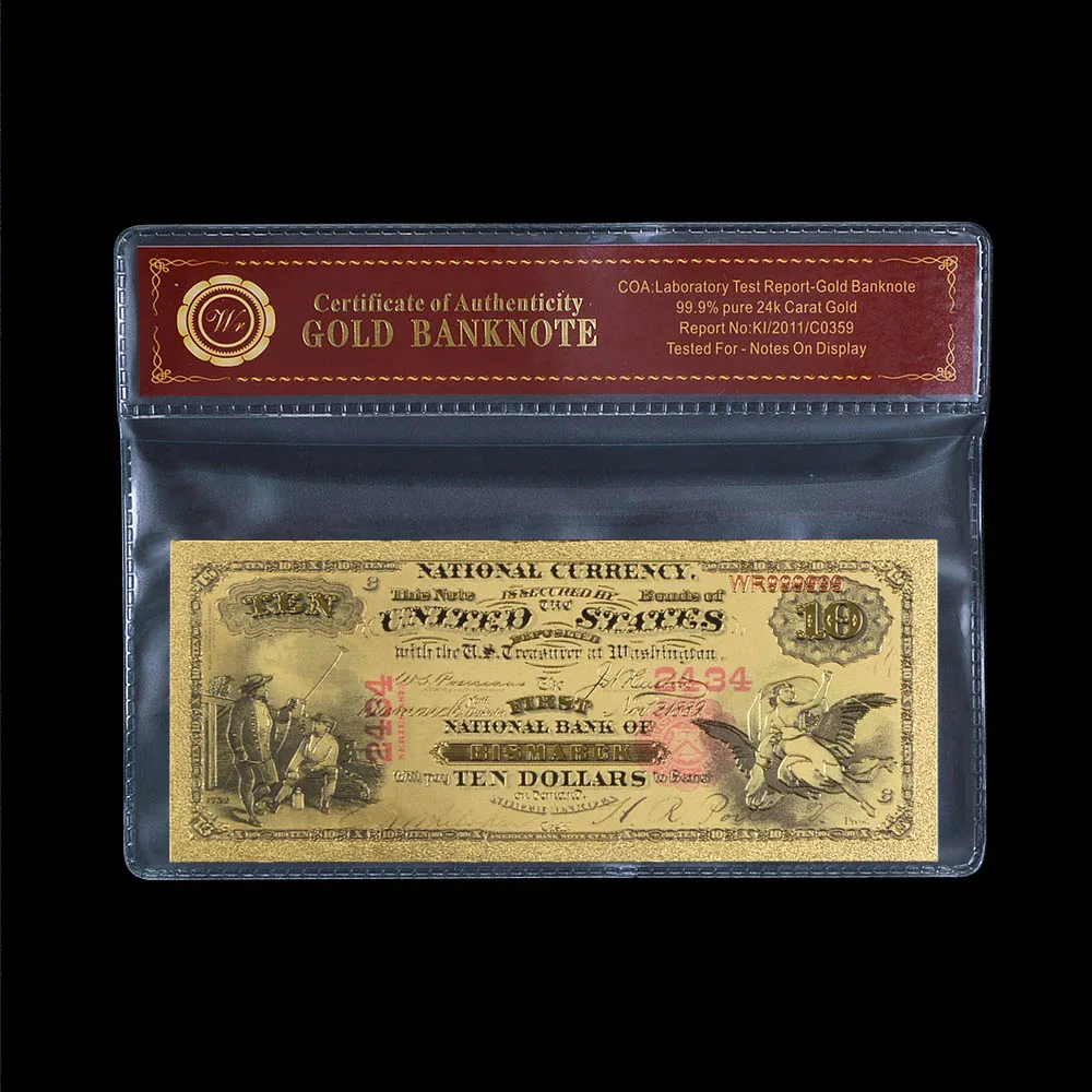 10 dollar with frame 1875 год, доллар США, поддельные бумажные деньги, золотые банкноты с рамкой COA, американские билетные банкноты, Подарочный товар, Прямая поставка - Цвет: 10 dollar with frame