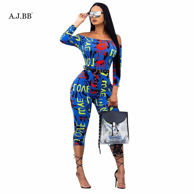 

European and American sexy digital printing Jumpsuit fashion slim off shoulder long sleeve women's top medium pants