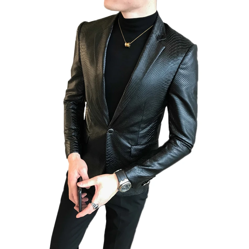 Мужской черный кожаный блейзер модное приталенное мотоциклетное пальто для