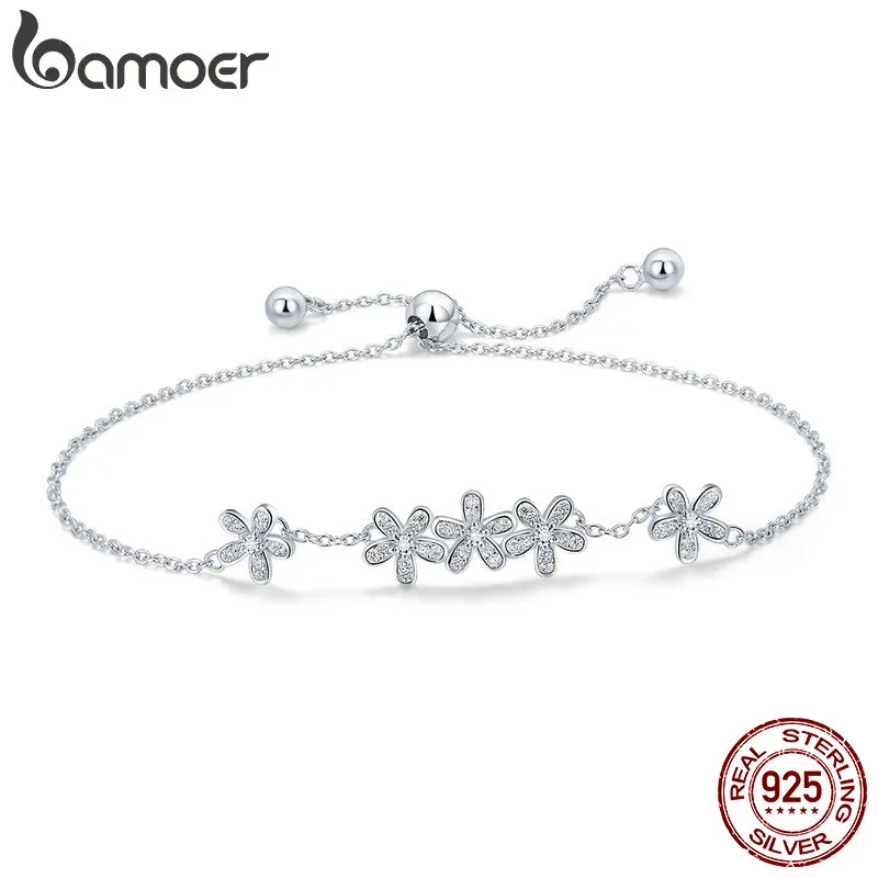 BAMOER, натуральная 925 пробы, серебряный, светящийся цветок маргаритки, женские браслеты, прозрачный CZ, модный браслет, ювелирное изделие, подарок SCB084