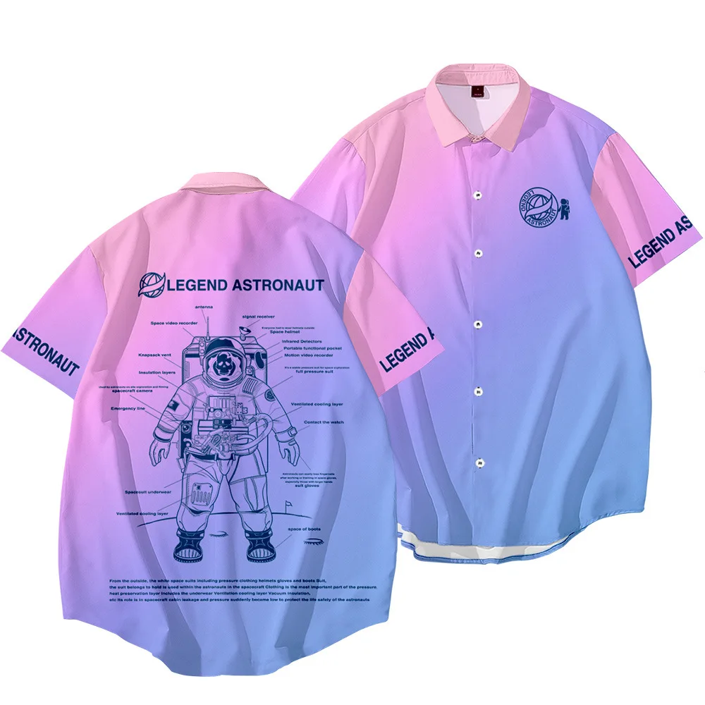 

Новинка 2021, летняя свободная пляжная рубашка с коротким рукавом и воротником-стойкой, мужская одежда с астрануатным принтом в стиле Харадзю...