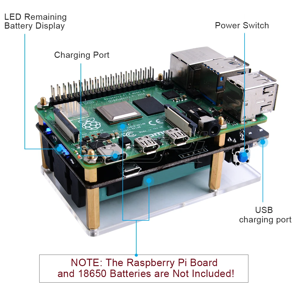 52Pi 18650 UPS Pro устройство питания расширенное два порта USBA для Raspberry Pi 4 B/3B+/3B, не включает аккумулятор 18650