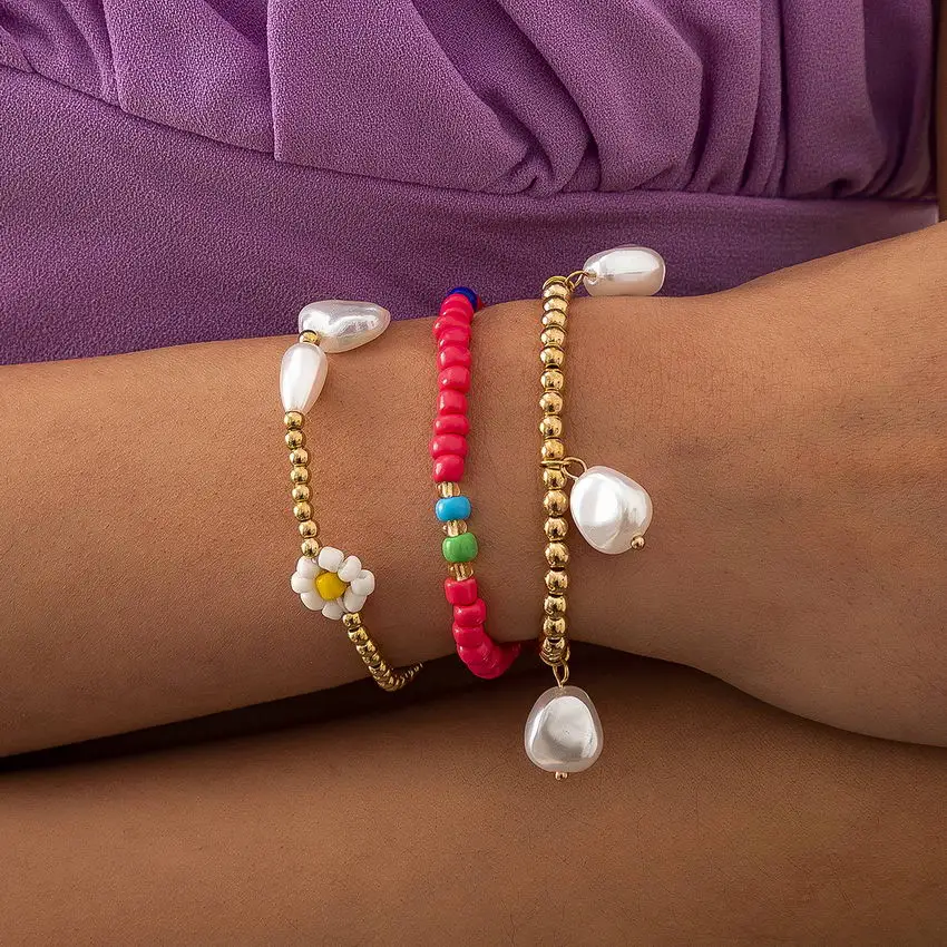 

3 pcs Handmade CCB Seed Beads Baroque Pearl Bangles for Women Elastic Bracelets Boho Jewelry Wholesale