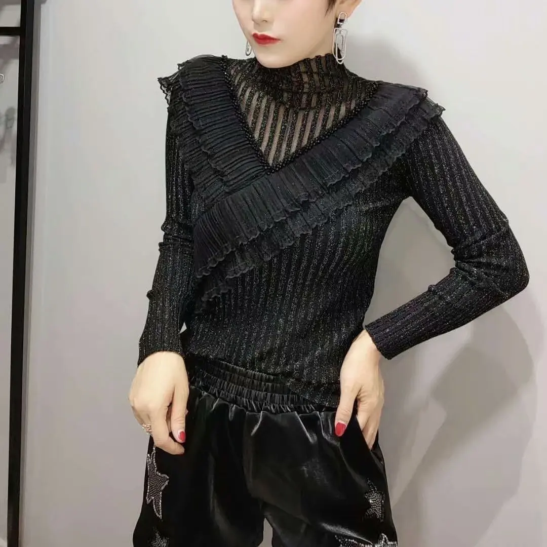 

High end autumn and winter new fashion hot drill knitted slim high neck sweater