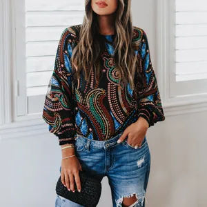 Модная блузка Feitong, женская рубашка, Повседневная Блузка с круглым вырезом и длинными рукавами, женские топы, женская одежда