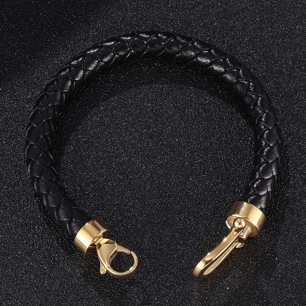 

Trendy Men's Bracelet Braided Genuine Leather Gold Color Stainless Steel Horseshoe Lobster Clasp Handmade Men Jewelry