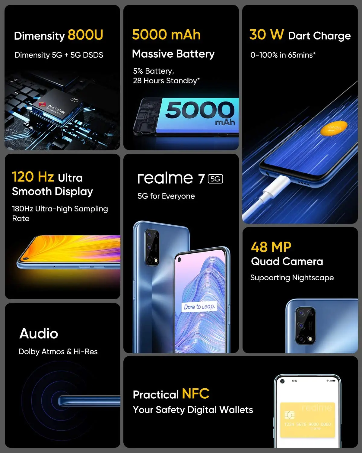

Realme 7 5G Global Version 6GB+128GB Fullscreen 120Hz Display 5000mAh 30W Dart Charge 48MP Camera Smartphone