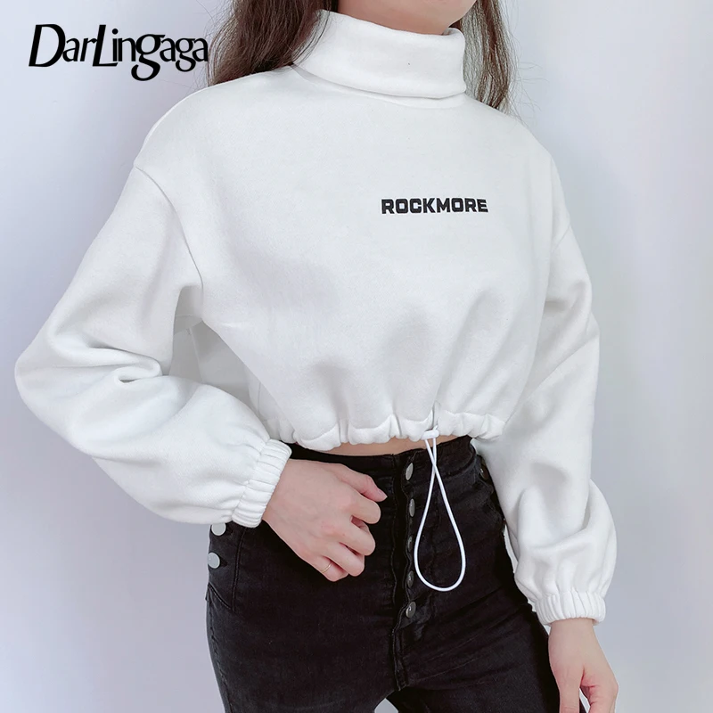 Darlingaga осень зима водолазка Толстовка Pulllover с буквенным принтом топ шнурок с эластичной талией женские толстовки - Цвет: White